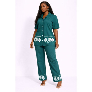 Teal TwoPiece ButtonUp Lounge Set with Floral Trim